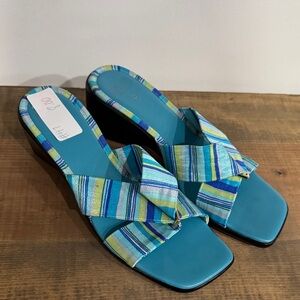 Italian Shoemakers Turquoise & Blue Striped Knot Mules